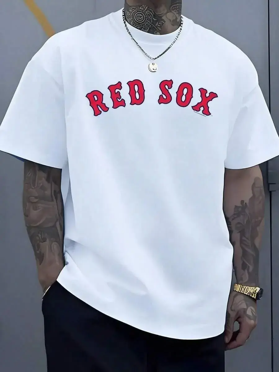 Men's Baseball T-Shirt, Classic Red Sox Graphic Shortsleeve Top in Breathable Cotton for Summer