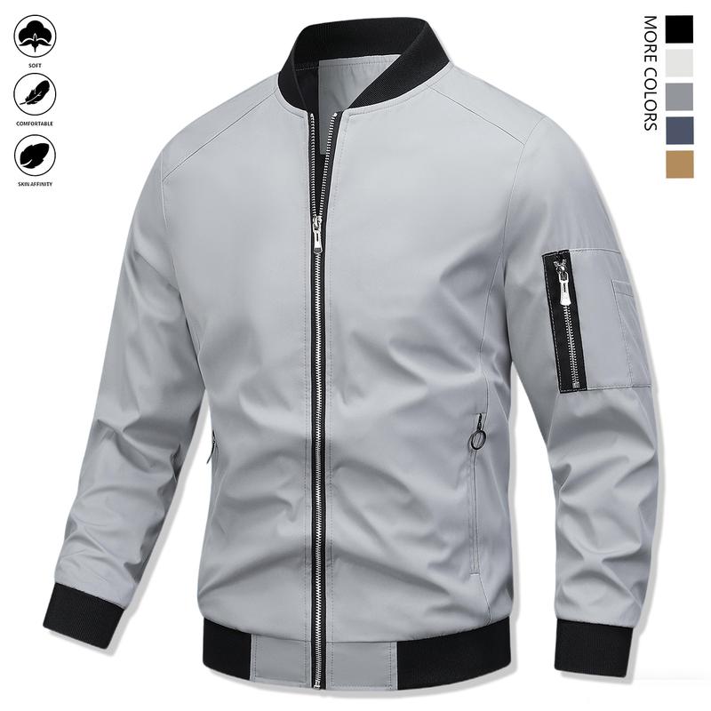 Men's casual spring-autumn lightweight windbreaker with zipper and multiple pockets, classic pilot jacket, using warm fabric, soft and comfortable, solid color collar, suitable for dates, running parties, gatherings, work and daily wear.