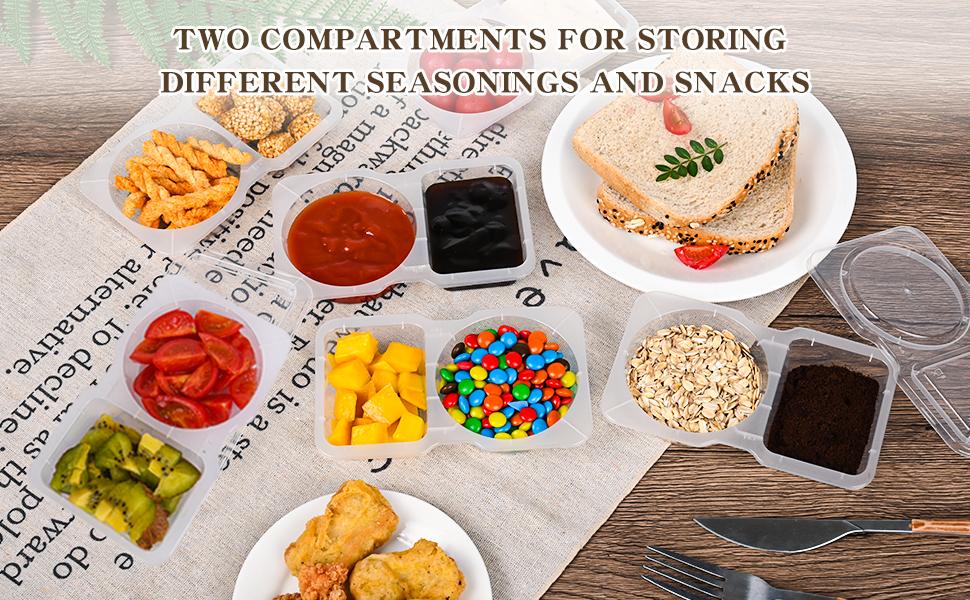 20 sets Reusable Snack Containers 2 Compartment Condiment Container With Lids Snackle Box Container Portion Control for Refrigeration Sauce,Outdoor Takeaway,Travel