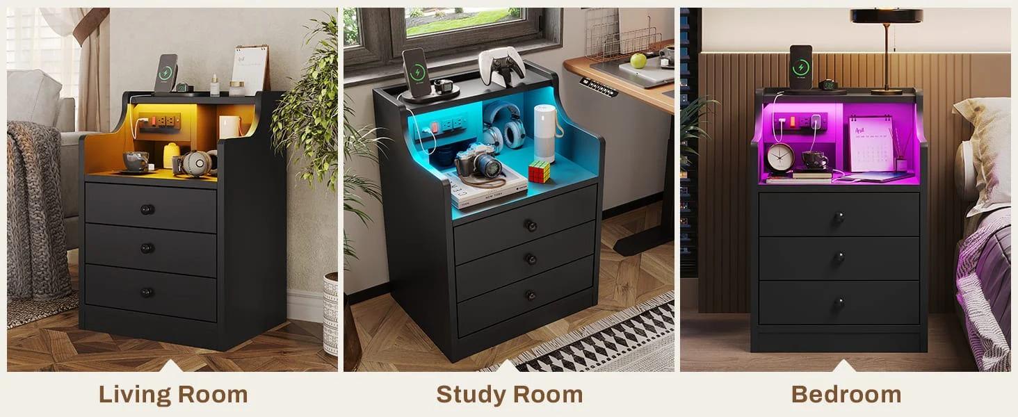 Sikaic LED Nightstand with 3 Storage Drawers  Modern Bedside Table with Built-in Charging Station and Open Storage Space