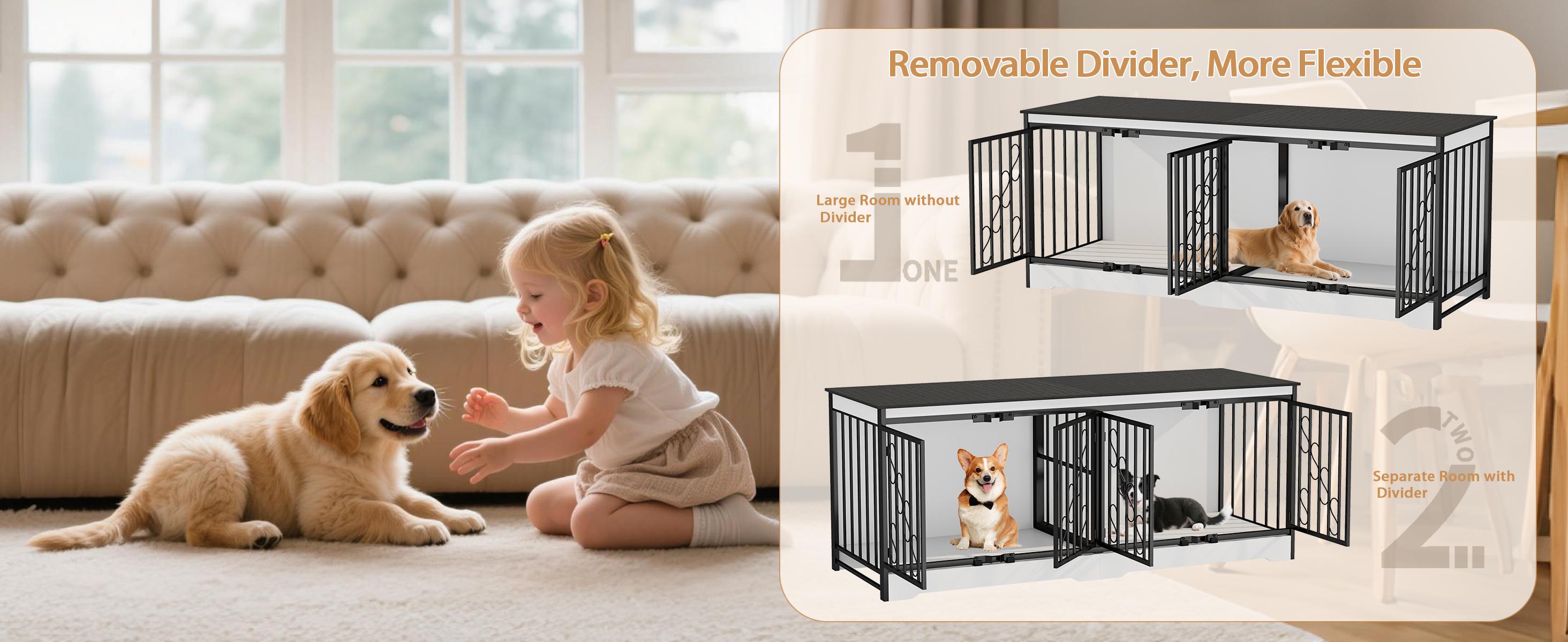 COZPAW 71"/78"/86" White Double Dog Crate Furniture for 2 Dogs, Heavy Duty Wooden Dog Kennel Furniture Indoor TV Stand, Modern Dog Crates for Large Medium Small Dogs with Divider