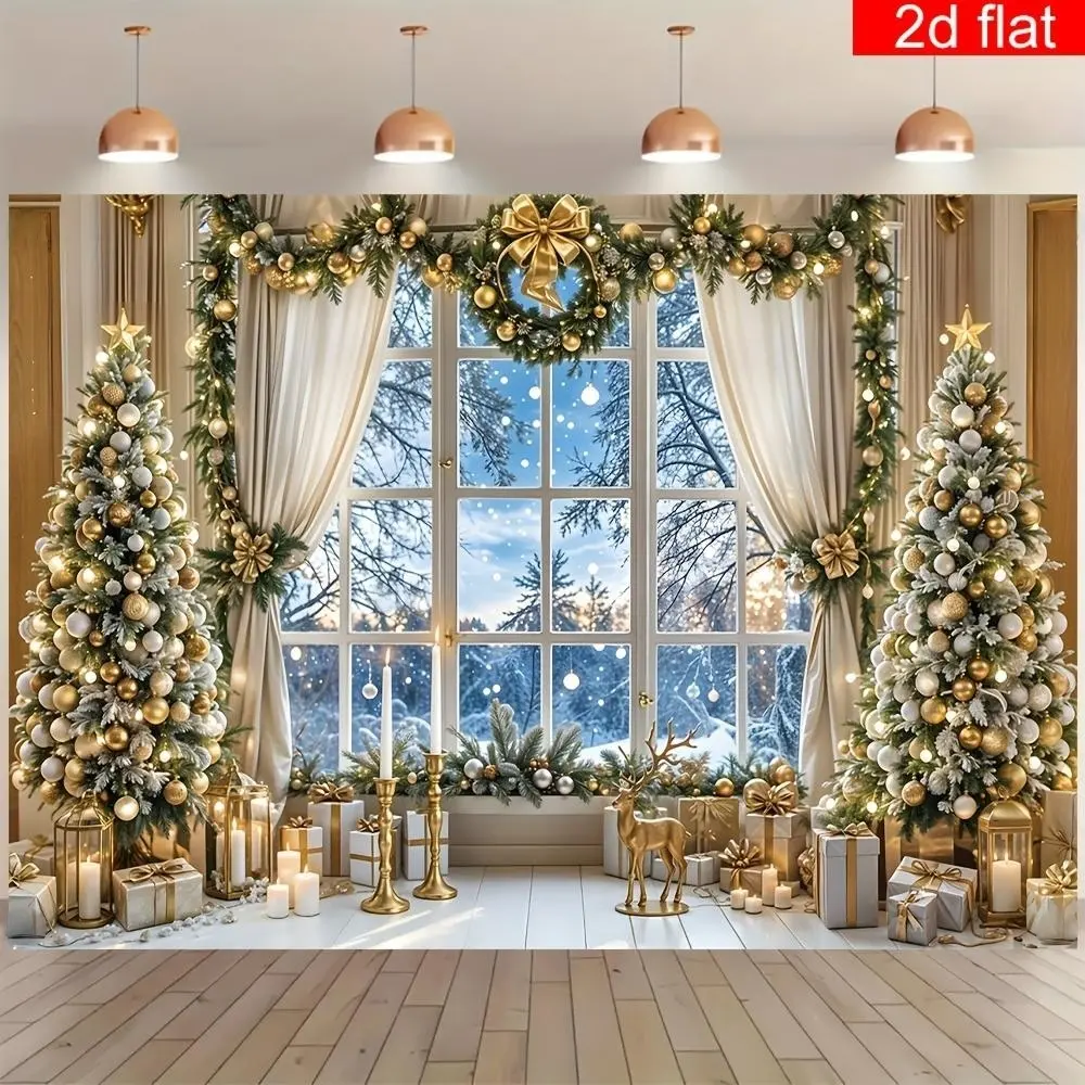 Christmas Party Banner - 1pc 2D Flat Polyester Backdrop with Christmas Tree Window Design, Durable Indoor-Outdoor Decoration, Vibrant Room Decor for Winter Holidays, Living Room Photography Ornament