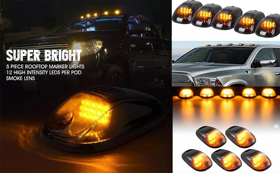 5 X Cab Marker Light, Compatible with 2003-2018 Dodge Ram 1500 2500 3500 4500 5500 Pickup Trucks Smoke Lens Amber LED Housing Cab Roof Running Lights, Top Clearance Light w/Wiring Pack