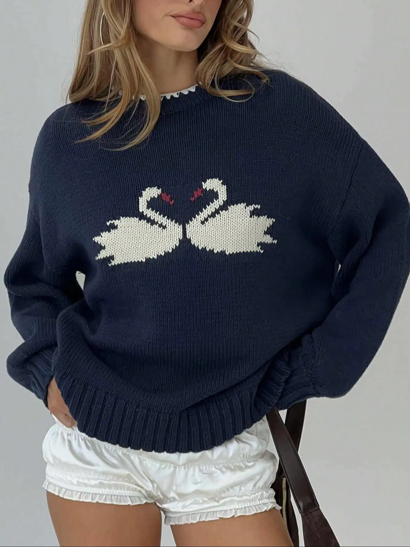 Women's Navy Blue Knit Sweater Pullover with Swan Heart Graphic Loose Fit Long Sleeve Casual Knitwear Oversized Drop Shoulder Warm Soft Jumper Vintage Aesthetic Winter Fashion Top Womenswear Knitting Knit Sweater Clothing