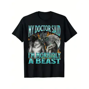 Funny Werewolf Meme T-Shirt - My Doctor Said I'M Morbidly A Beast - Men'S Horror Comedy Graphic Tee - Heavyweight Cotton Shirt - Perfect For Halloween, Werewolf Fans & Dark Humor Lovers, Halloween Clothes, Casual Wear, Sunset Design Shirt, Medium