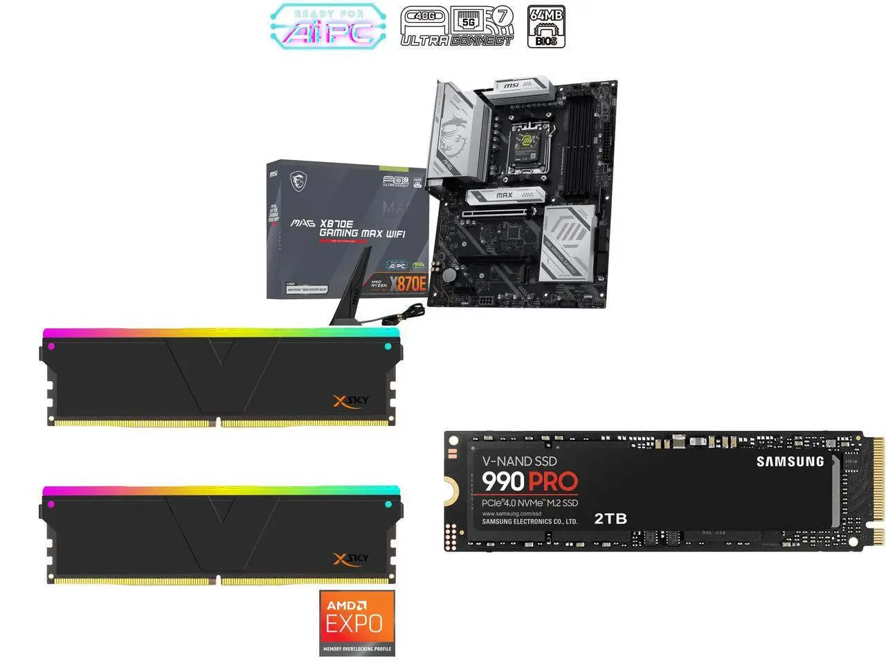 MSI MAG X870E GAMING MAX WIFI Motherboard, ATX, AMD Ryzen 9000/8000/7000, AM5, DDR5 8200+ MT/s OC, PCIe 5.0 x16, M.2 Gen5, Wi-Fi 7, 5G LAN; V-COLOR Manta XSky DDR5 32GB 6000MHz CL30 RGB; SAMSUNG 990 PRO 2TB SSD, PCIe Gen4, 7,450MB/s