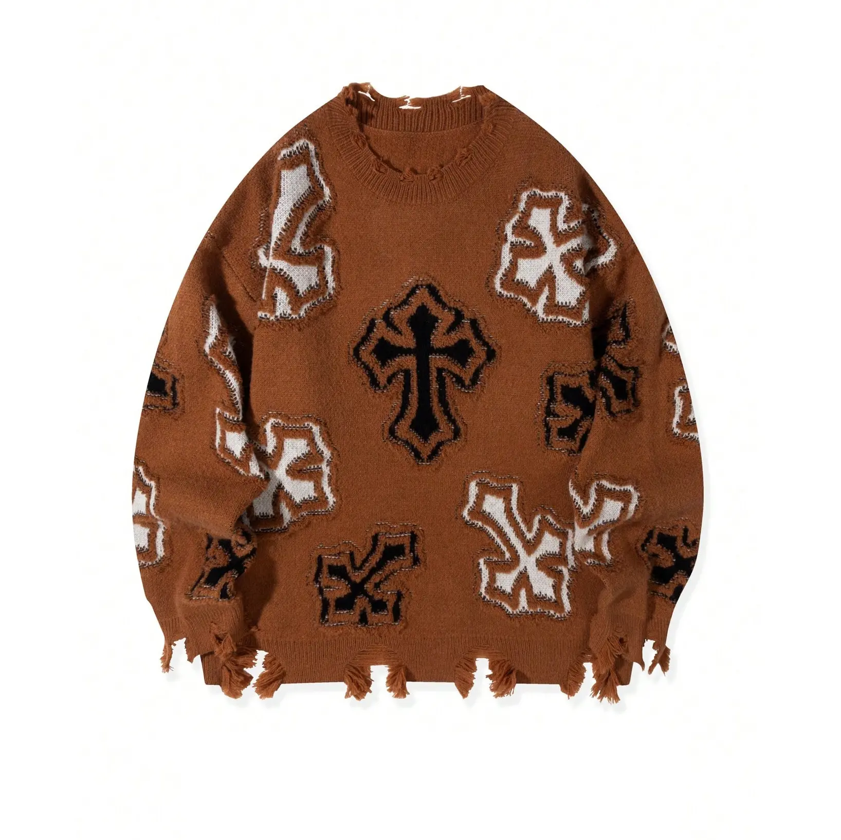 Unisex jacquard knit sweater with a crosshatch pattern and distressed holes, featuring a ripped design, tassel details, and a crew neck; relaxed fit with dropped shoulders—versatile pullover for commuting, dates, and going out.