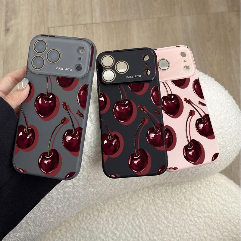 Low-Saturation Retro Red Cherry Pattern Dopamine Ins Style Solid Color Phone Case Ultra Skin Friendly Touch All Inclusive Lens Compatible with Apple iPhone 17 Air 16 15 14 13 12 Por Max