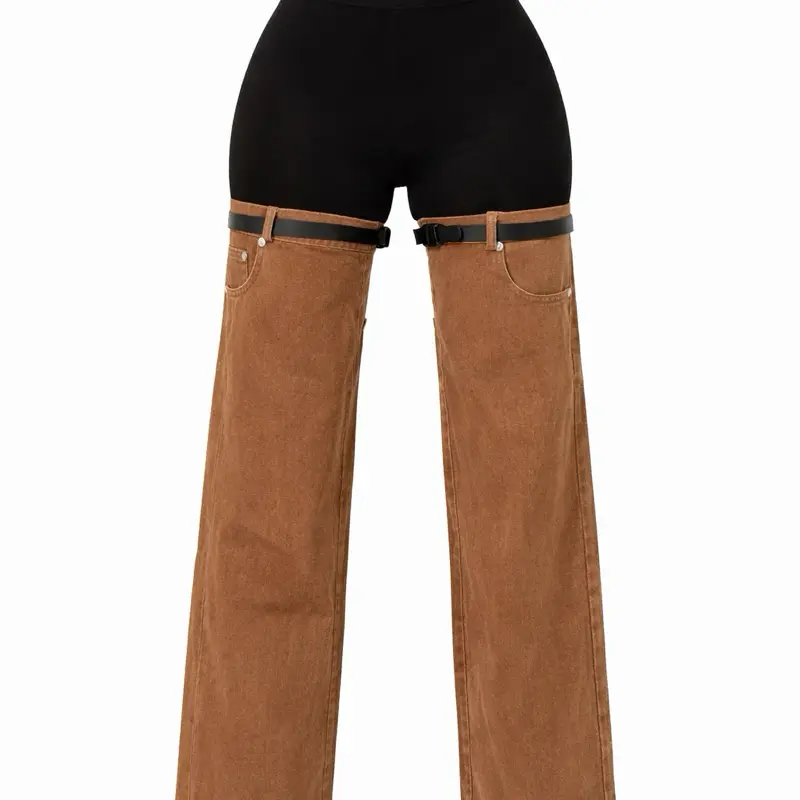 Black Leggings with Brown Denim Thigh Chaps, Y2K Statement Pants, Festival Outfit, Streetwear Fashion Pants, Detachable Denim Leg Warmers
