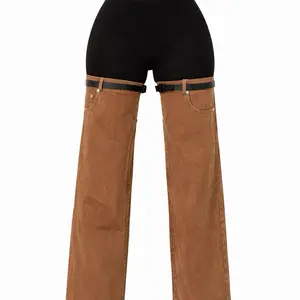 Black Leggings with Brown Denim Thigh Chaps, Y2K Statement Pants, Festival Outfit, Streetwear Fashion Pants, Detachable Denim Leg Warmers