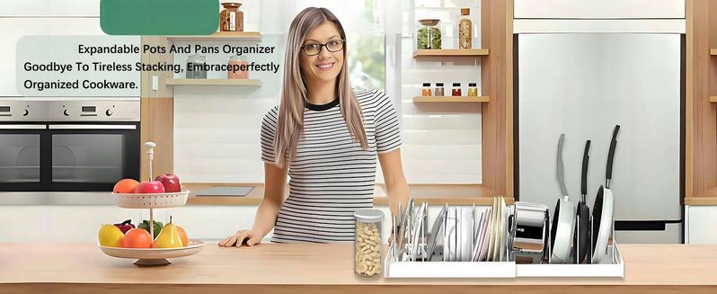 Expandable Pot and Pan Organizer Rack for Cabinet, Pot Lid Organizer Holder with7 Stainless Steel Adjustable Dividers for Kitchen Cabinet Organizer and Storage , ideal for Baking Pans,(White, Grey)Foldable Design,Gifts for Mom