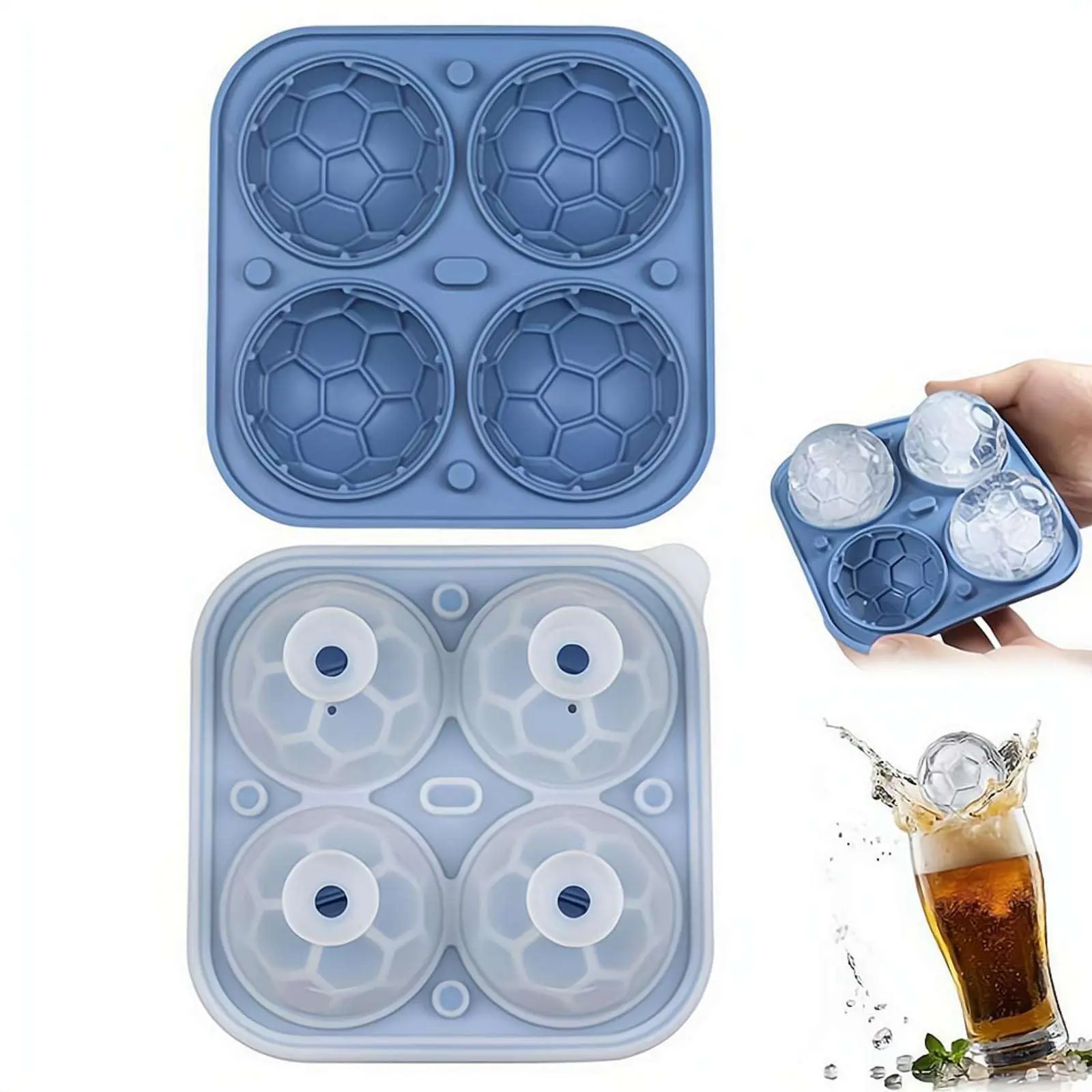 Silicone Soccer Ball Ice Cube Mold, 2.1" Large Ball Ice Mold with 4 Cavity, Fun Shapes Ice-Maker for Scoccer Party, Whiskey, Cocktails, Sports Gifts for Men, Dad
