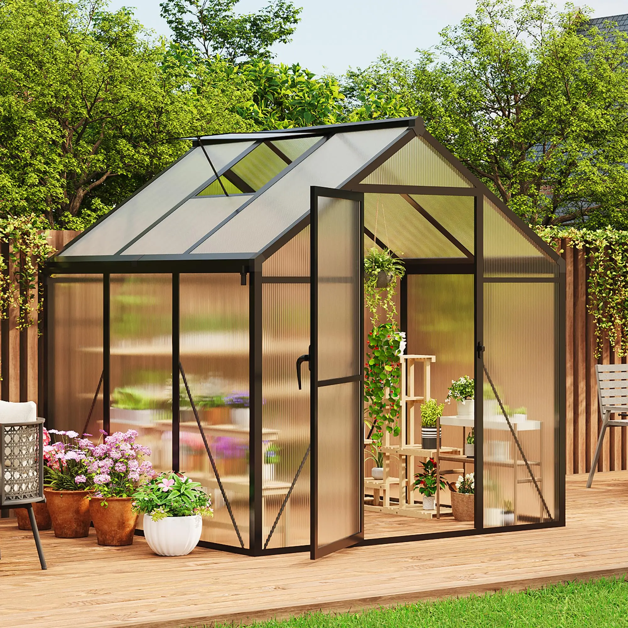 Garvee Greenhouse, 6x6 Ft Outdoor Greenhouses, Greenhouse Kit, Portablee Greenhouses with Ground Nails and Vent Windows, Sliding Lockable Door, Polycarbonate Green House for Outside Garden Backyard, Black