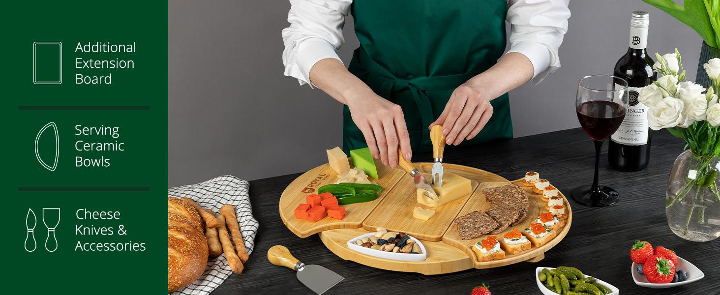 French Round Charcuterie Board - Cheese Board & Knife Set - Serving Tray with Cutlery Set - Wooden Tableware, Platter - Cheese Tray - Royal Craft Wood