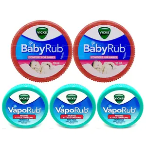Vicks VapoRub Travel Size 0.17oz/5ml 3pk + BabyRub 0.34oz/10ml 2pk Bundle Cold Relief + Baby Comfort Balm natural oil