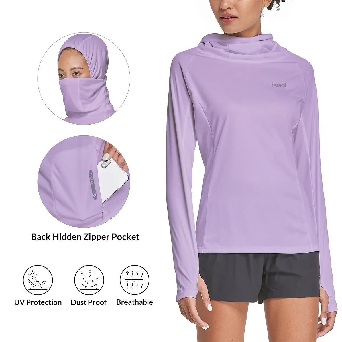 Baleaf Women's UPF 50+ Sun Protection Hoodie, Lightweight Quick Dry Long Sleeve Shirt with Neck Gaiter and Thumbholes for Fishing, Hiking, Golf