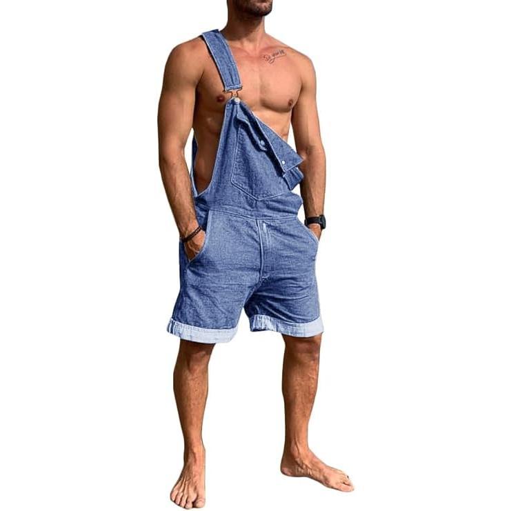 Runcati Men's Denim Bib Overall Shorts Loose Fit Summer Walk Shorts Above Knee Length Shortalls Jumpsuit Rompers