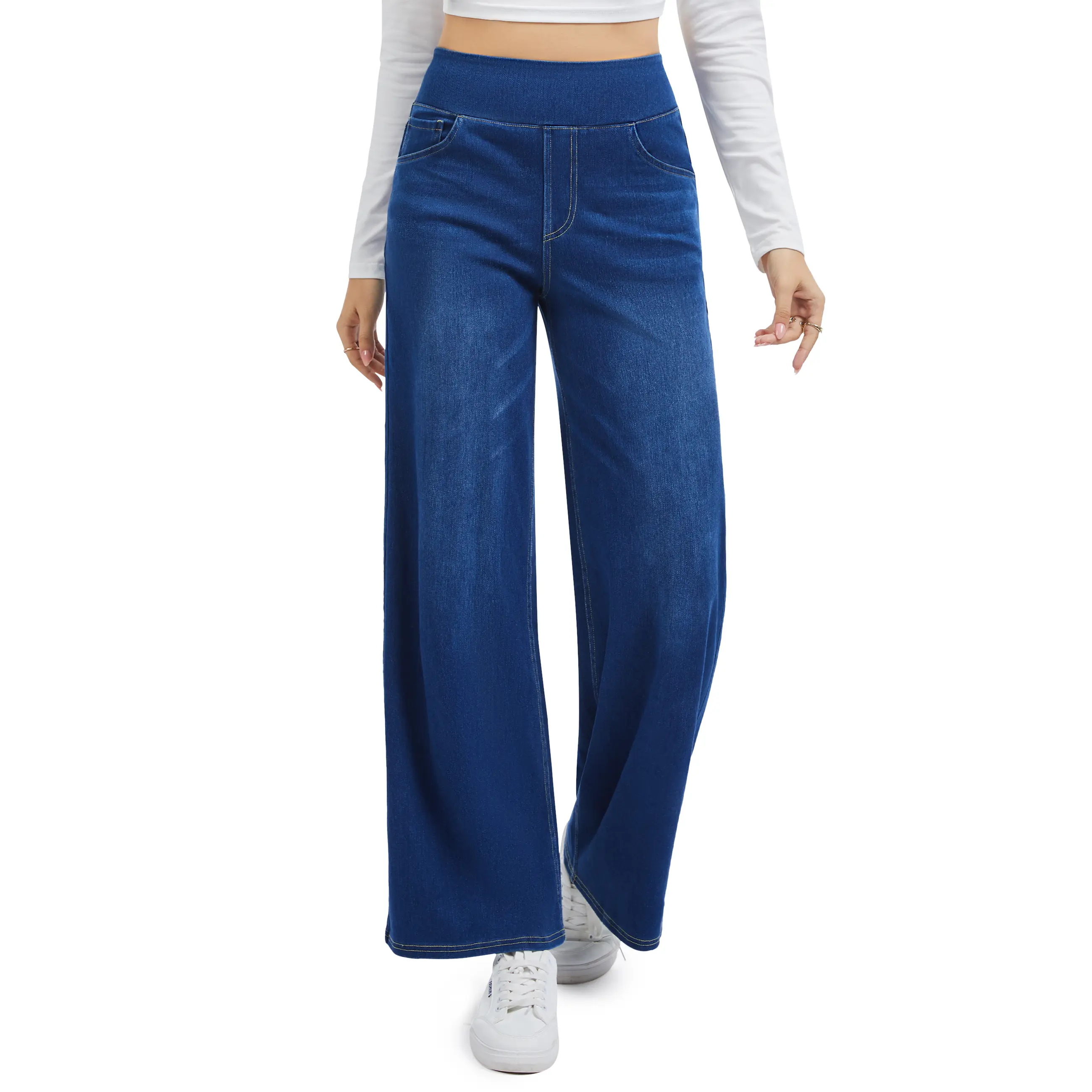 MAGCOMSEN Elastic High Waist Wide Leg Stretchy Jeans for Women Pull On Baggy Fit Jeans Tummy Control Trousers Casual Work Wear FallFreshness Outdoorfun,back to school shopping