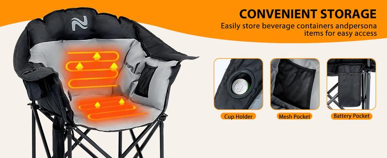 SLSY Heated Armrest Camping Chair, Portable Heated Folding Recliner Chair with 3 Heat Levels, Patio Lawn Lounge Chair Supports 400 lbs【Batteries not included】