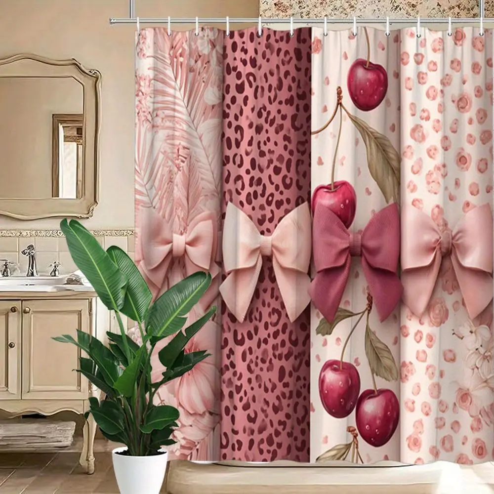 1pc Elegant Floral Leopard & Cherry Rose Shower Curtain - Pink Green Red Satin Bows Polyester 66X72 in With 7 Hooks Perfect for Bathroom Decor Gift Wrap Design Bathroom Decor and Accessories, Floral Curtains, Vintage Floral Curtains