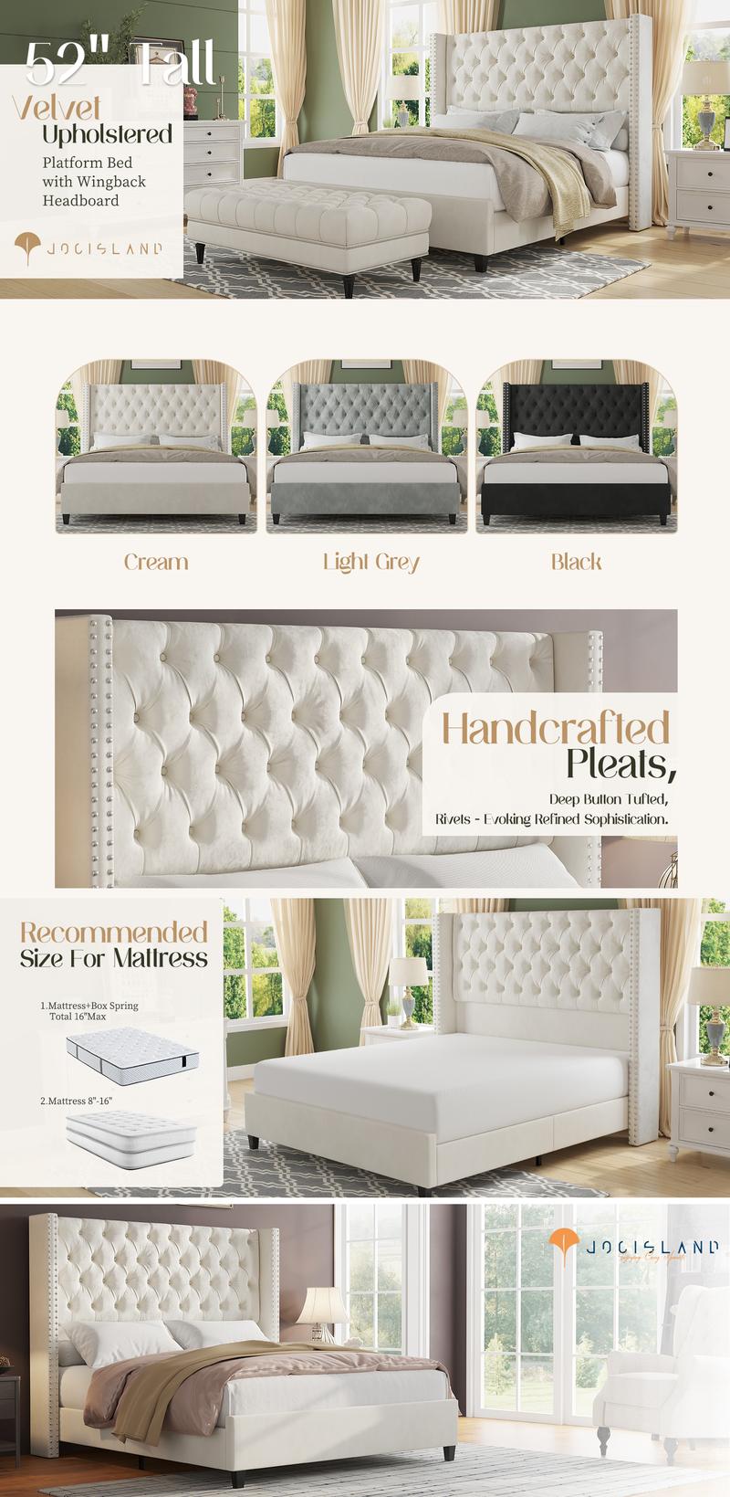 AMERLIFE Modern Bed Frame, Velvet Upholstered Platform Bed with 51.6" Tall Wingback Headboard, Deep Button Tufted, No Box Spring Needed/Sturdy Structure Design/Luxury Furniture Design/Queen/King Size/Best Gift Ideas/Christmas Gifts