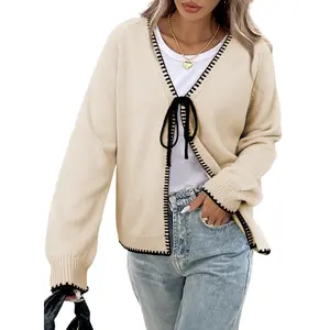 EVALESS Womens Cardigan Sweaters Trendy V Neck Long Sleeve Open Front Bow Tie Knit Chunky Lightweight Fall Outerwear