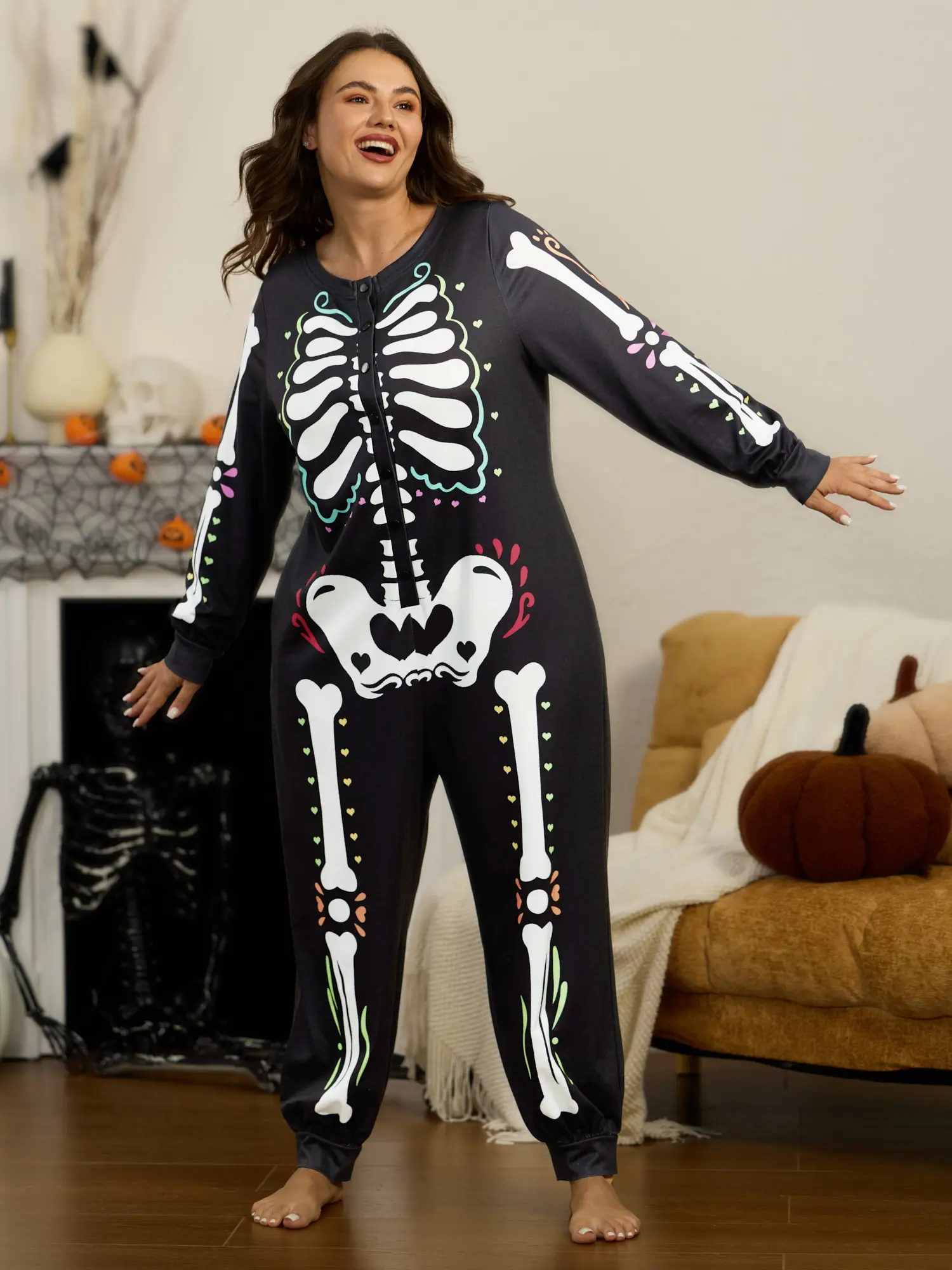 BloomChic Supersoft Halloween Skeleton Button‑Front Lounge Jumpsuit 【M-6XL】