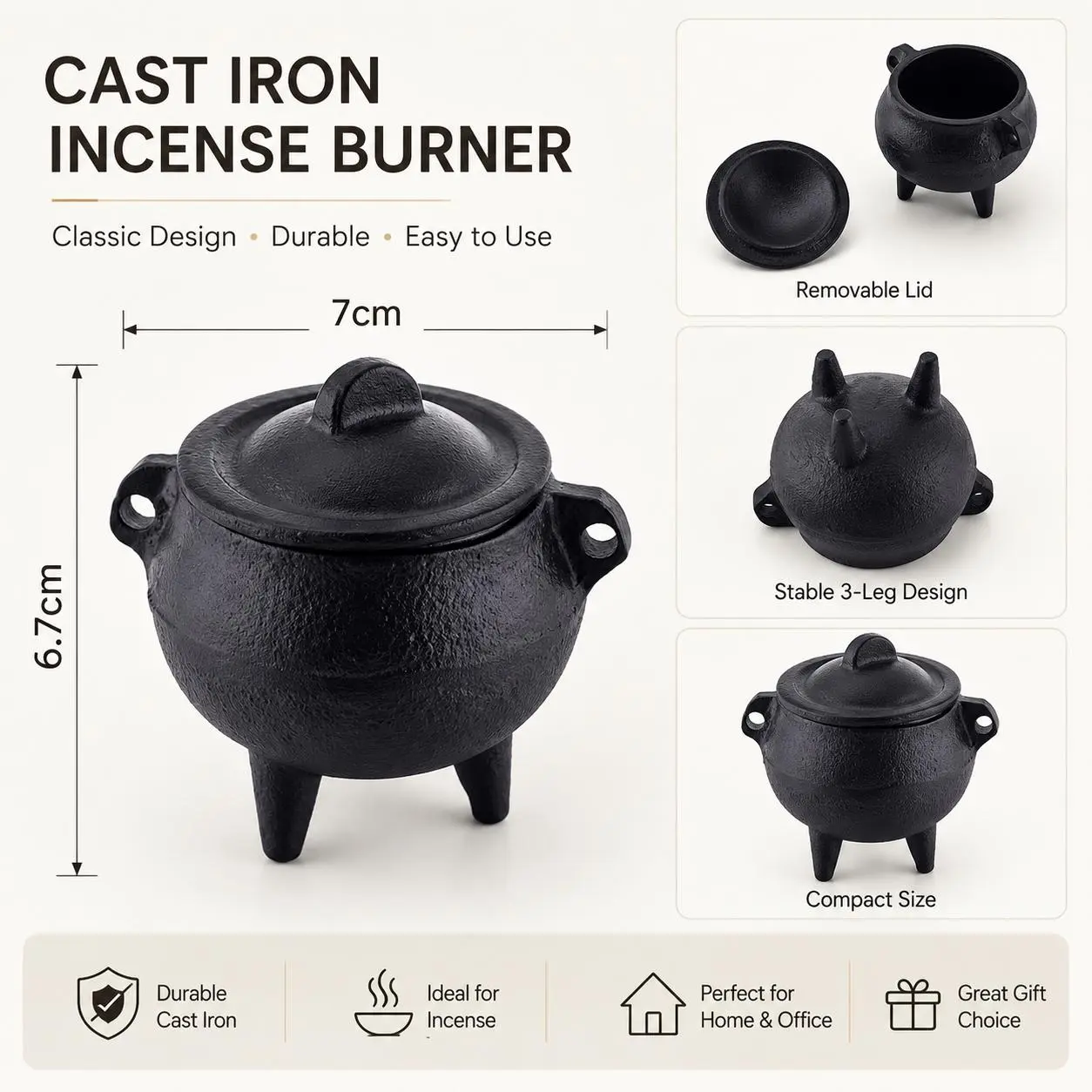 Incense burner,Mini Cast Iron Cauldron Incense Burner with Lid, 2.75 Inch Tripod Smudge Pot, Resin Incense Holder for Altar, Ritual, Home Decor