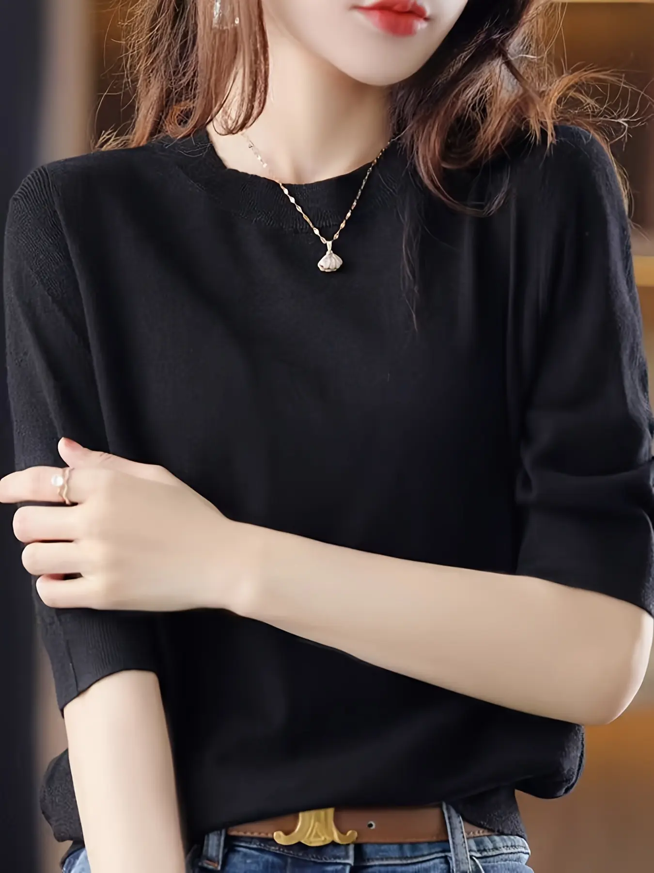 Women's Knitted Sweater Round Neck Medium Sleeve Spring Autumn New Vintage Casual Basic Elegant Top Half-Sleeve Base Layer Knitwear Womenswear