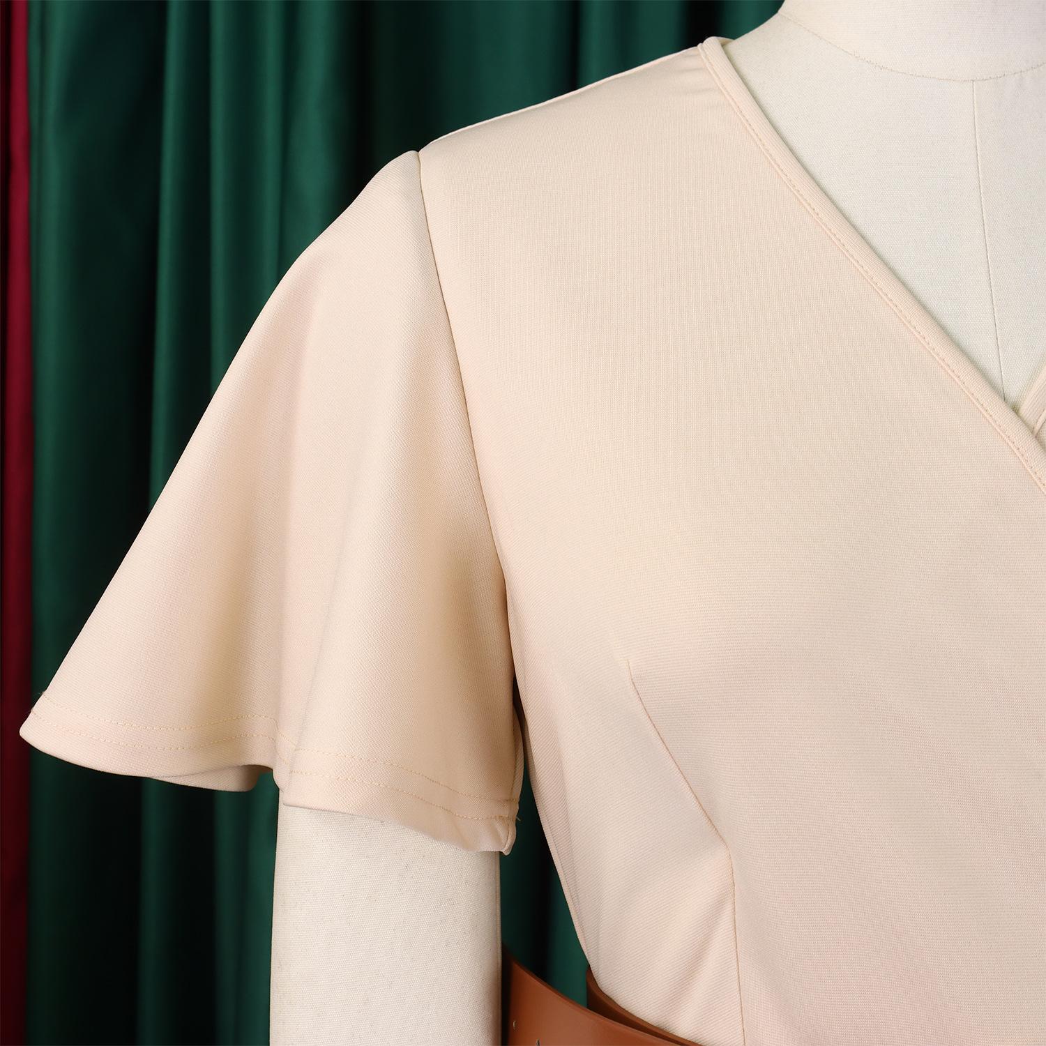 3333 Emerald Green Wrap V-Neck Midi Dress for Women - Short Flare Sleeve, A-Line Silhouette with Brown Belt| Elegant Versatile Dress for Work, Brunch, Date & Formal Occasions