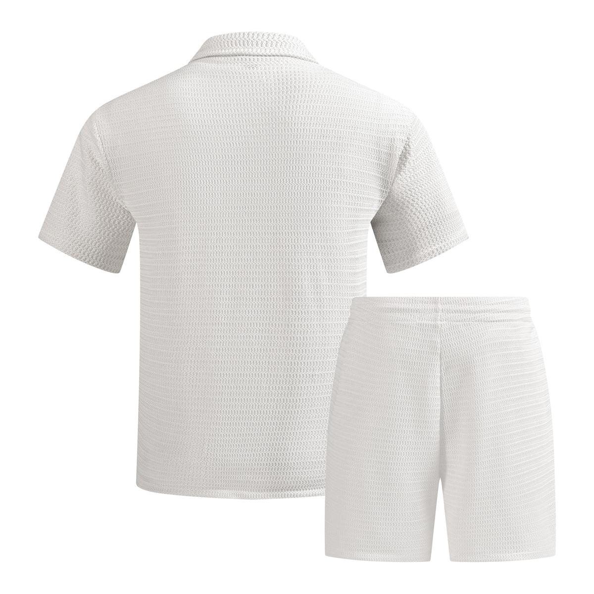 Men's solid color summer vacation set, regular style, paired with textured button down short sleeved shirt and matching drawstring shorts, easily interprets the exquisite coastal style, casual travel, vacation and leisure