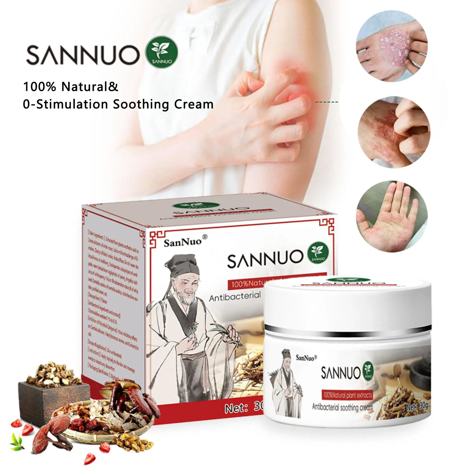 SanNuo Eczema & Psoriasis Relief Cream - Natural Herbal Soothing Formula for Flare-Ups & Dry Irritated Skin, Fragrance Free Hypoallergenic Non-Greasy, Gentle for Sensitive Skin, Hands Legs Groin & Full Body – 30 g