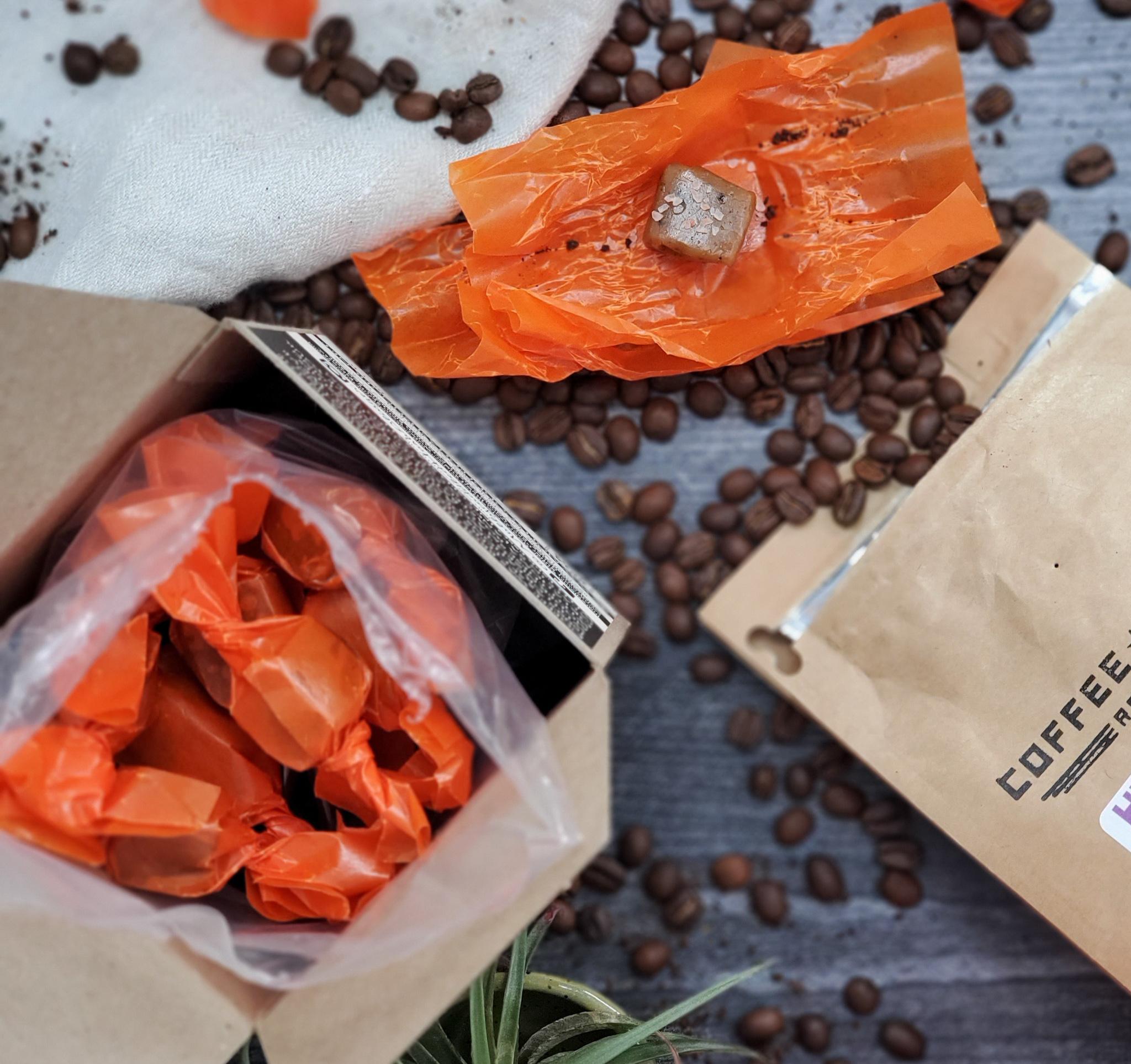 Mollycoddled Hash Slinger - Salted Espresso Caramels - 4oz box - Handmade Soft Caramels - Individually Wrapped Candy - Candy Gifts - Gluten Friendly Candy - Dye Free Candy - Sweets - Small Batch - Preservative Free Food - Snack - Coffee retro candy