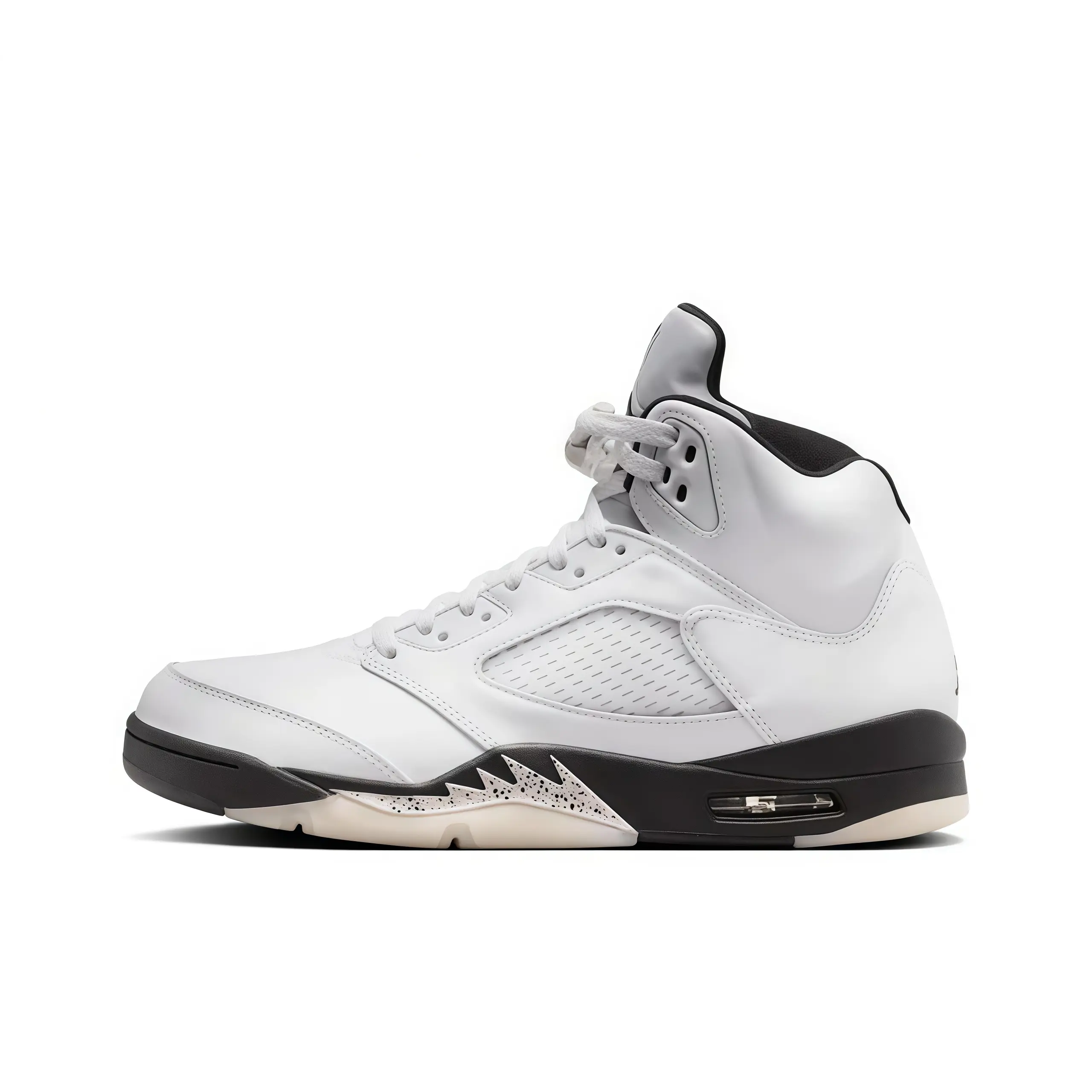 High‑top basketball sneakers smooth white leather upper black shark‑tooth accents speckled detail translucent gum outsole cushioned air unit ankle support classic street style daily casual outfit collectible unisex fashion sport footwear