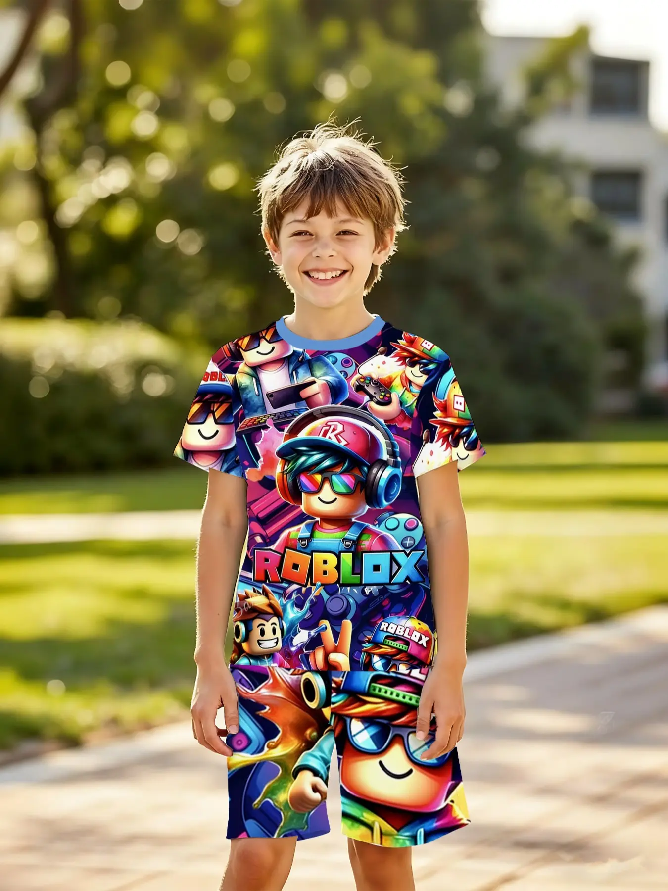 3D Roblox Game Character Full-Print Boys Trendy Two-Piece Graphic Print Set, Quick-Dry Skin-Friendly Summer Wear, Casual Outdoor Sports Gift