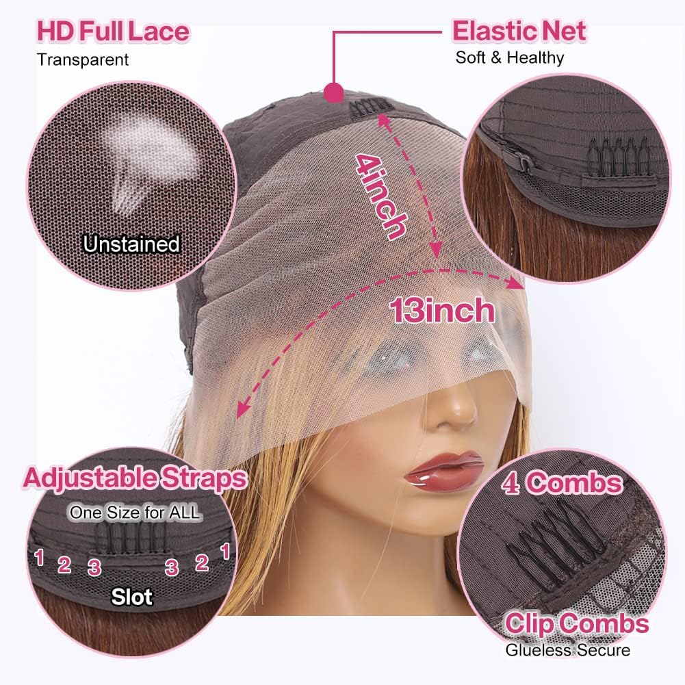 Human Hair Wigs  4/27 Honey Blonde Highlight Ombre Bob Wig Human Hair Highlight Ombre 4x4 HD Lace Front Pre Plucked 180 Density Short Bob Wigs for Women Glueless 10 Inch