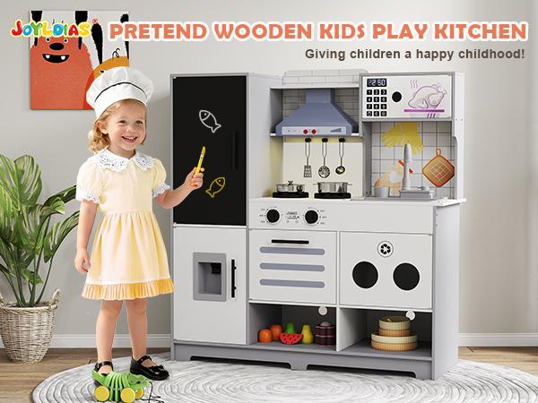 Kids Play Kitchen Set Pretend Wooden Toy with Running Water Oven Ice Maker Blackboard & Recycling Bin for Toddlers Ages 3+