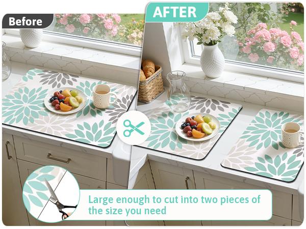 Dish Drying Mat, 12" x 20" Super Absorbent & Cuttable Dish Mat Drying Kitchen Mat with Teal Floral, Hide Stain Drying Mat for Kitchen Counter