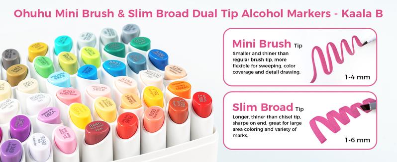 Ohuhu Alcohol Markers: Mini Brush & Slim Broad - 60 Illustration Colors - Dual Tip Brush Tip Alcohol-based Art Marker for Artists Adults Coloring Illustration- Refillable - Kaala B Series of Ohuhuart