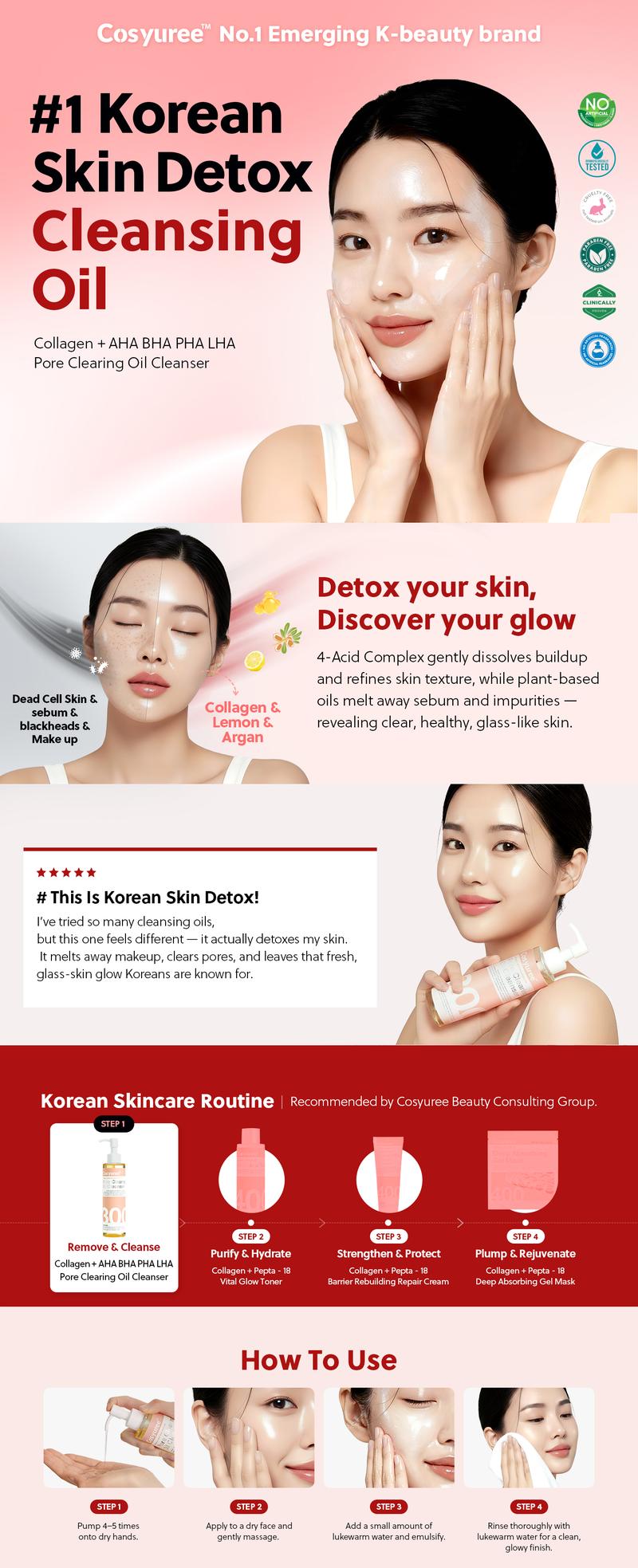 [Cosyuree] Collagen + AHA BHA PHA LHA Oil Cleanser for Makeup Removal, Gentle Exfoliation, and Pore Care Korean Facial Cleanser