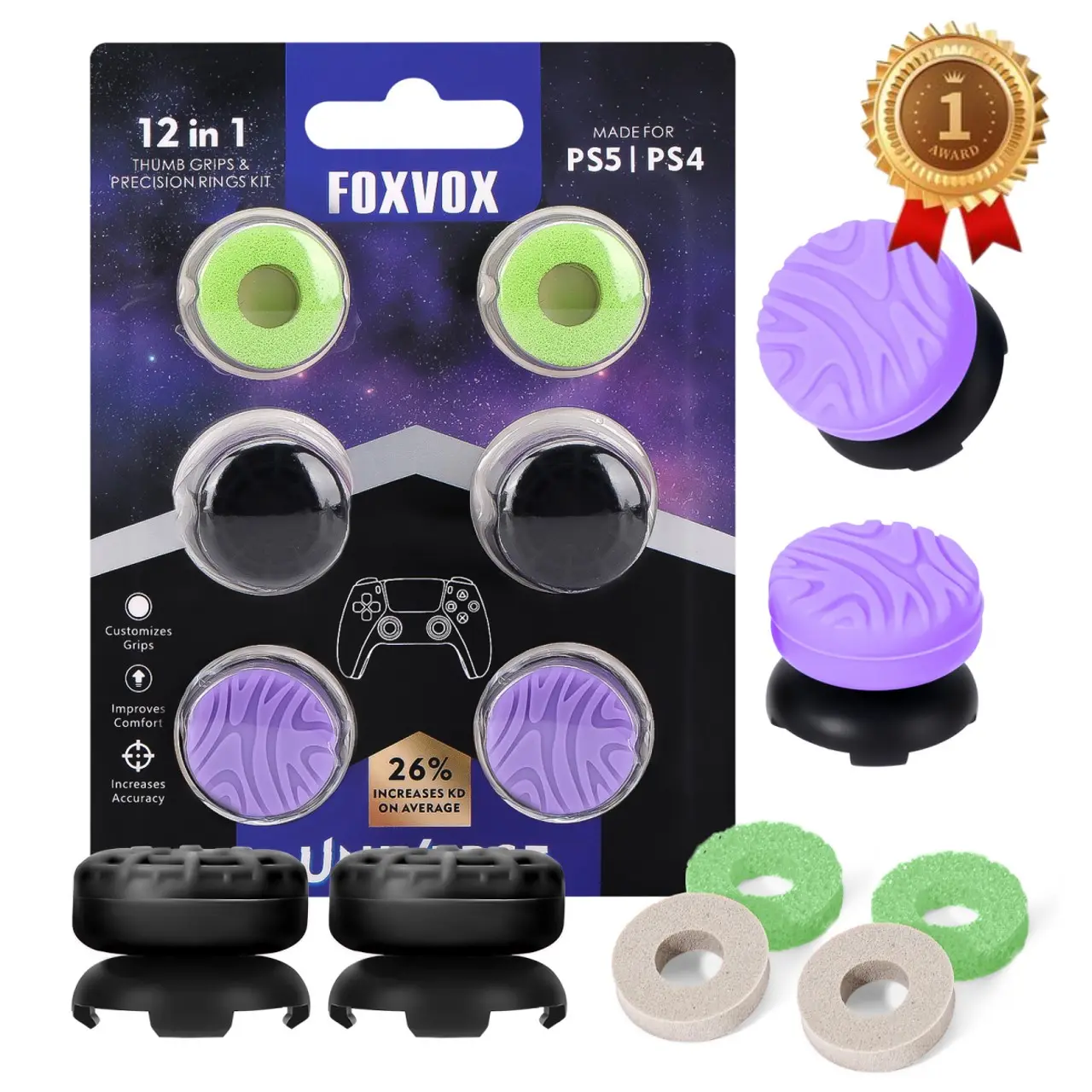 FOXVOX Juego Profesional 12 en 1 de Joysticks y Anillos de Precisión para Mandos PS5 PS4 – Mayor Precisión, Comodidad y Agarre, Accesorios para Consola