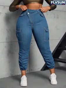 Flvsun Women's Plus Size High Waist Carrot Jeans Casual Button Fly with Pocket Design Denim Pants Fashion Versatile for All Seasons Minimalist Basic Streetwear Bottom - Womenswear