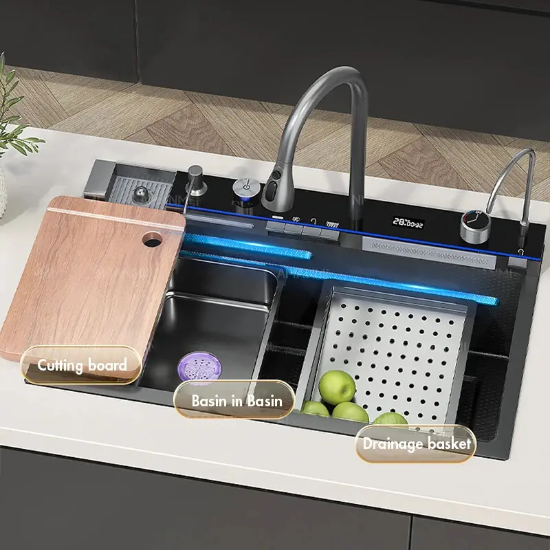 304 Stainless Steel Smart Kitchen Sink, Large Single Slot Set with Integrated Digital Display Faucet, Soap Dispenser and Cup Washer