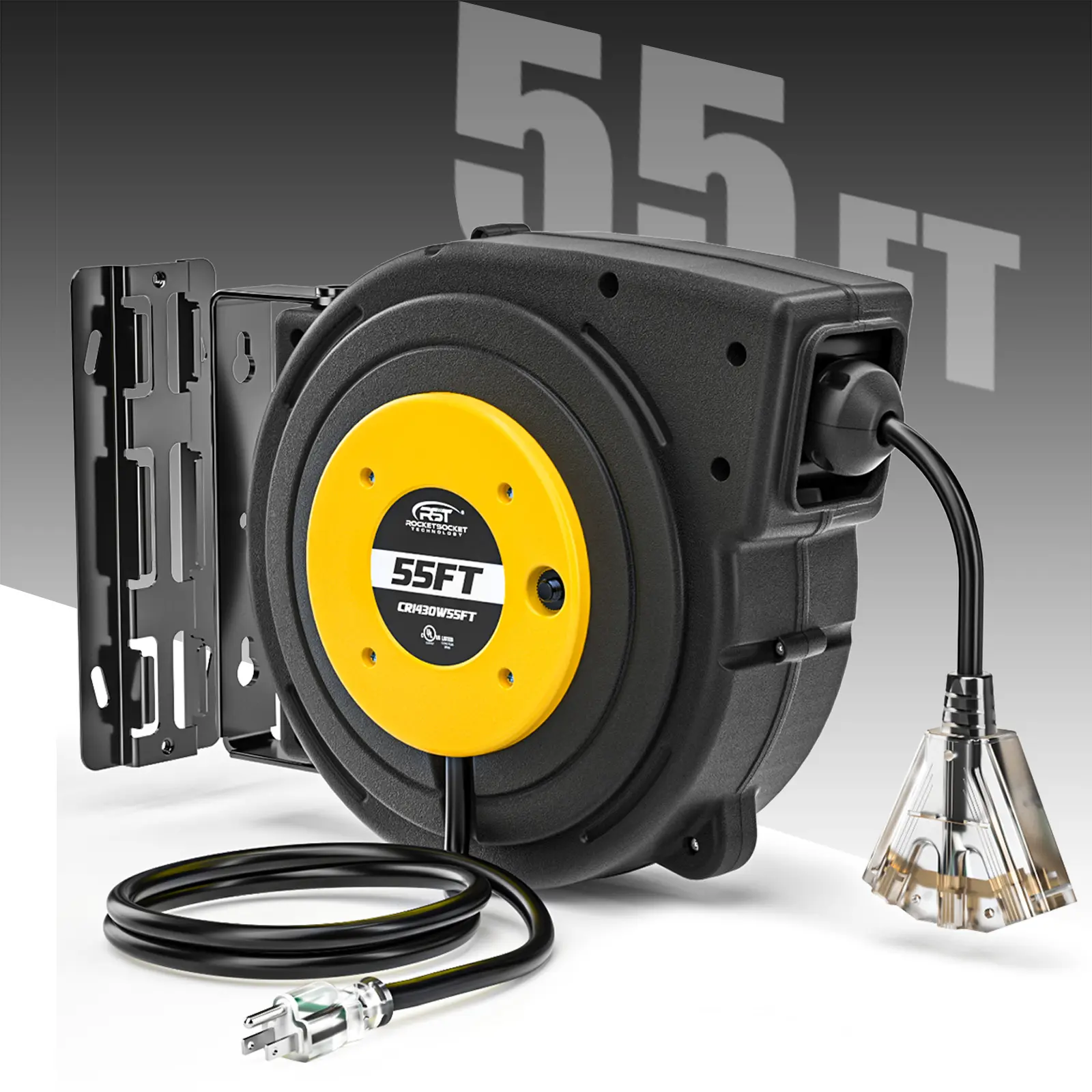 CRST 14AWG Heavy Duty Retractable Extension Cord Reel - Garage Tangle-Free SJTOW Cord, Lighted 3-Outlet Tap, UL Listed, Automatic Rewind, Wall/Ceiling Mount, 36-Month Warranty, Tangle-Free Cord Reels
