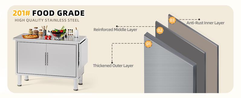 Stainless Steel Kitchen Cabinets, 57"x19.7" Commercial Worktable with Extend Panel & Adjustable Shelf, Heavy-Duty Kitchen Prep Table Workbench for Home, Restaurant, Garage and Hotel