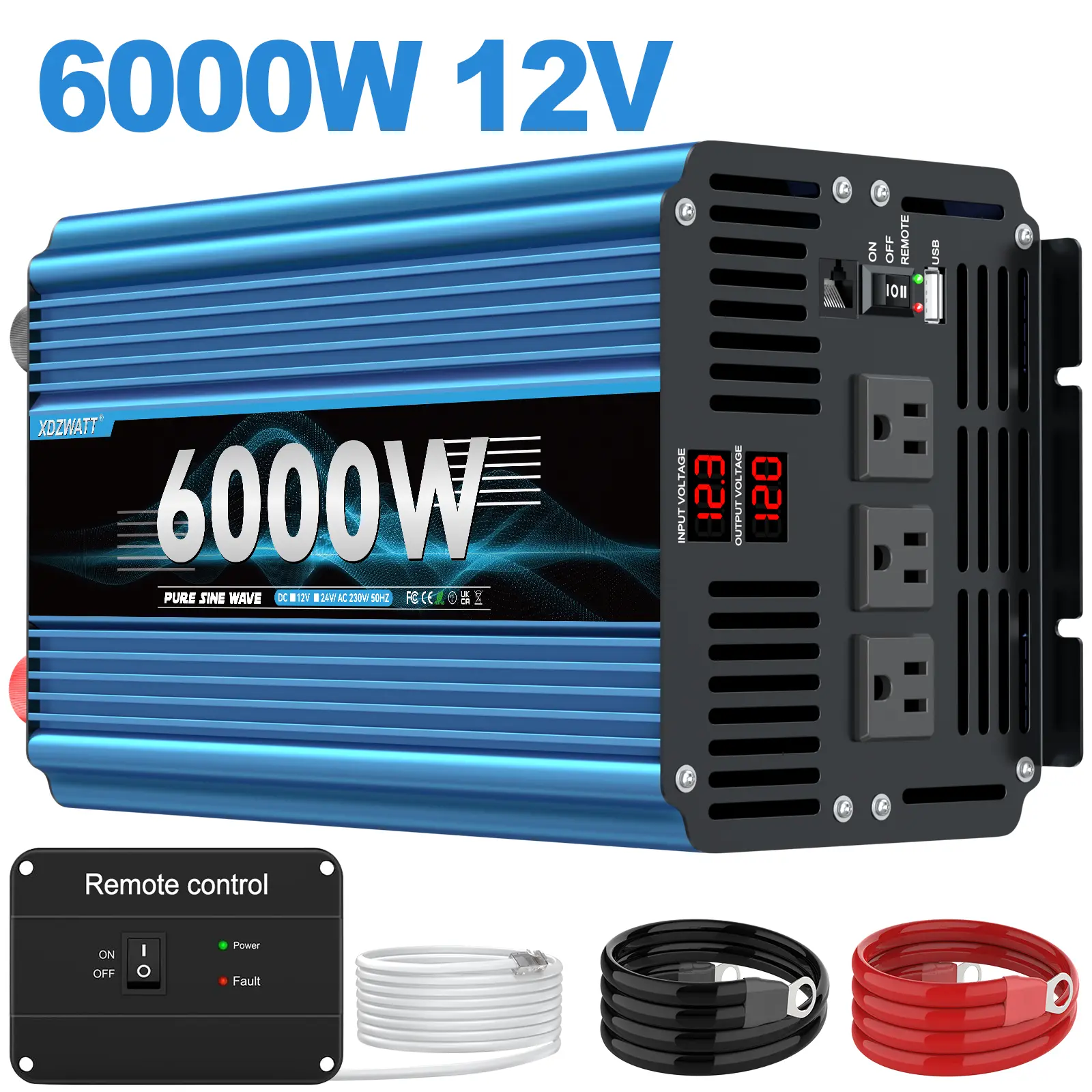 6000W Peak Pure Sine Wave Car Power Inverter 2026 New Design - 12V/24V DC Power Supply to 120V AC, 3 American Standard Sockets, LED Display Screen, 5V/3.1A USB Ports, Pro-Grade Reliability, Travel-Friendly, No Battery (For Cars, Motorhomes), Cuts Failure,