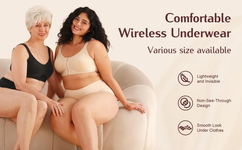 LOSWIE Front Closure Bras For Women & Wireless Lingerie Top For Daily Wear, Supportive Bra Push Up, Comfort Soft No Underwire Full Coverage,Adjustable Straps,Fixed Pad,Minimizer Bra Women Minimalist Basic Underwear Womenswear