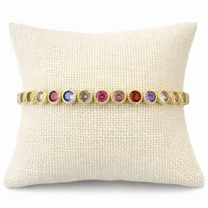 Round Crystal Bracelet Rainbow Tennis Bracelet for Women – Gold Plated Multi-Color Round Stone Bracelet, Elegant Luxury Jewelry, Adjustable 6.5-7 inch, Gift for Her