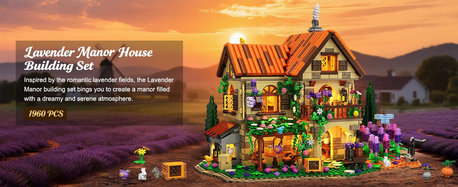 INSOON Lavender Manor House Building Set with Lights, 1960 PCS Lavender Estate Construction Model Home Decor, Romantic Lavender Flowers Cottage Building Block Kit Gift for Adults Teens Boys Girls 12+