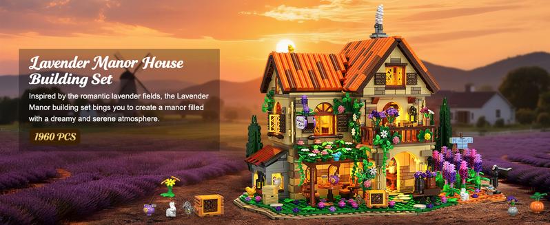 INSOON Lavender Manor House Building Set with Lights, 1960 PCS Lavender Estate Construction Model Home Decor, Romantic Lavender Flowers Cottage Building Block Kit Gift for Adults Teens Boys Girls 12+